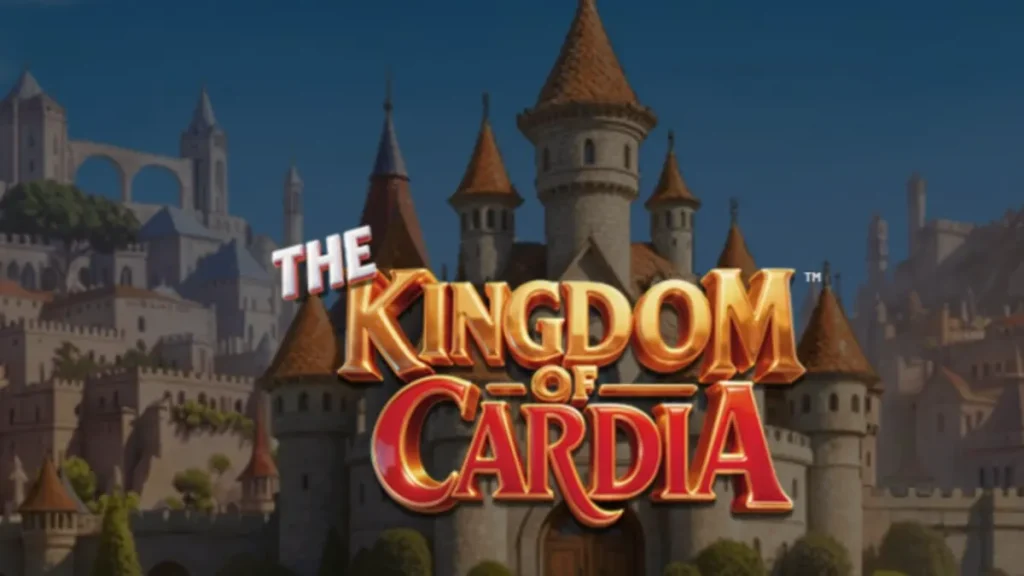 The Kingdom of Cardia slot machine interface featuring whimsical garden and card-themed symbols.
