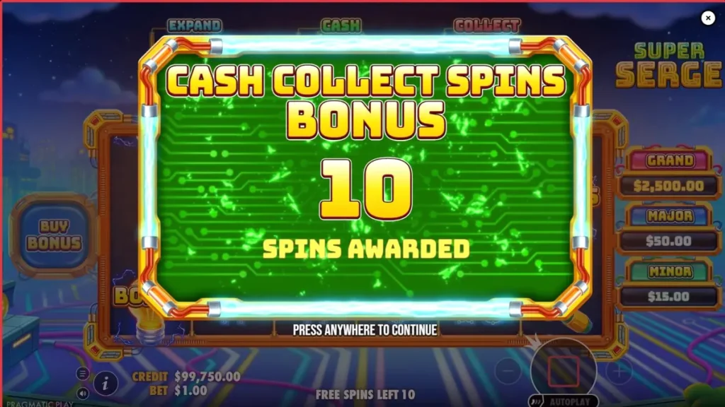Interface vibrante e futurista do slot Super Serge com luzes neon e ferramentas elétricas